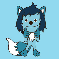 emoticon with a happy cool wolf with blue wool, you're awesome facial expression and thumbs up gesture, color vector emoji on isolated background