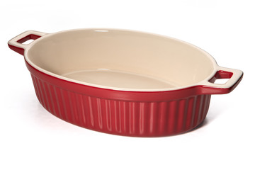 Red ceramic baking dish on a white background