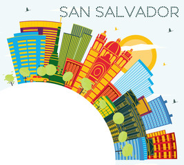 San Salvador City Skyline with Color Buildings, Blue Sky and Copy Space.