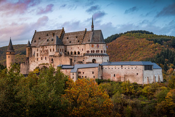 Fototapeta na wymiar Vianden Castle, Luxembourg's best preserved monument, one of the largest castles West of the Rhine Romanesque style