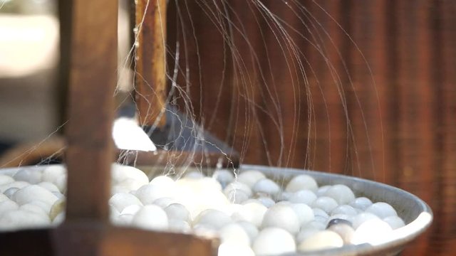 Silkworm Cocoons in the silk producing artisan, Close-up Silkworm Cocoons with steam in slow motion