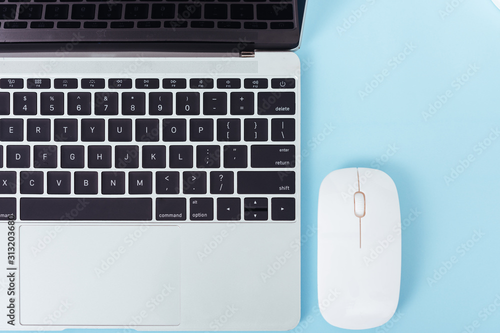 Poster top view laptop computer notebook and wireless mouse