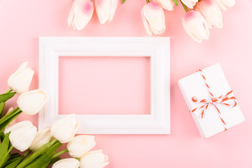 Happy Women's Day, Mother's Day concept. top view flat lay Tulip flower and photo frame