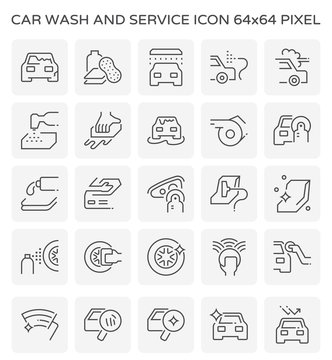 Car wash service vector icon. Business to care, repair, clean, wash and detail by hand, cleaner, wax, equipment. To polish at paint, glass, alloy, tire and leather at interior for shiny auto mobile.