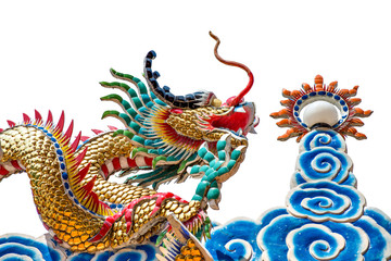 Fototapeta na wymiar Chinese Dragon Sculpture on White Background