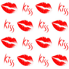 Red lips print with kiss lettering seamless backround.