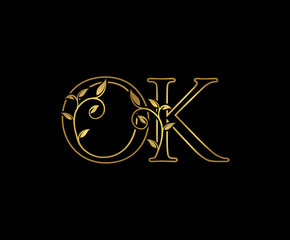 Golden O, K and OK Luxury Logo Icon, Classy Letter Logo Design.