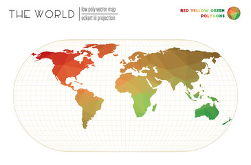 World map in polygonal style. Eckert III projection of the world. Red Yellow Green colored polygons. Awesome vector illustration.