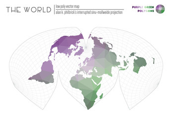 Triangular mesh of the world. Alan K. Philbrick's interrupted sinu-Mollweide projection of the world. Purple Green colored polygons. Stylish vector illustration.