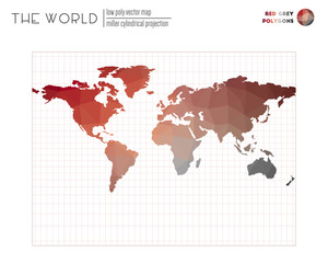 Triangular mesh of the world. Miller cylindrical projection of the world. Red Grey colored polygons. Neat vector illustration.