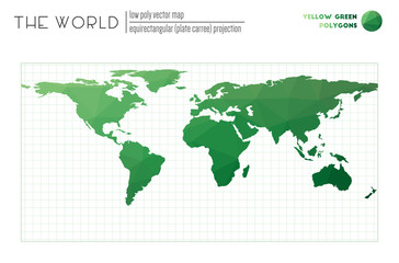 Abstract world map. Equirectangular (plate carree) projection of the world. Yellow Green colored polygons. Awesome vector illustration.