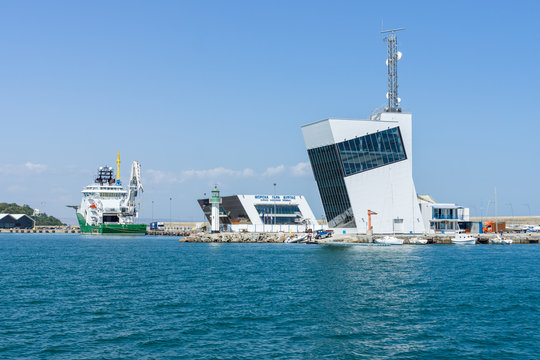 BURGAS, BULGARIA - AUGUST 20, 2017: Passenger terminal, control tower of the seaport of Burgas. Burgas, is the second largest city on the Bulgarian Black Sea Coast.