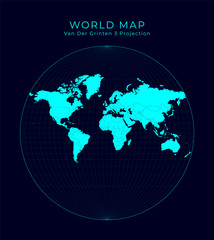 Map of The World. Van der Grinten III projection. Futuristic Infographic world illustration. Bright cyan colors on dark background. Captivating vector illustration.