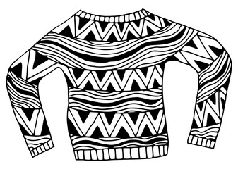 Warm winter Doodle style sweater.Vector illustration. Knitted sweater artistically decorated with doodle patterns