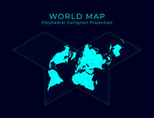 Map of The World. Collignon butterfly projection. Futuristic Infographic world illustration. Bright cyan colors on dark background. Stylish vector illustration.