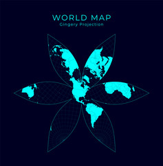 Map of The World. The U.S.-centric Gingery world projection. Futuristic Infographic world illustration. Bright cyan colors on dark background. Elegant vector illustration.