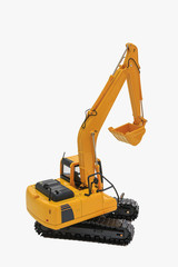 Yellow excavator  model  on  a white background with bucket lift up
