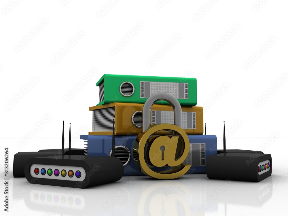 Poster 3d rendering transmitter wifi with e mail lock near office folder