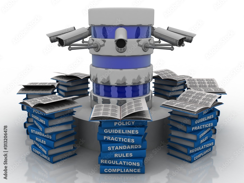 Poster 3d rendering surveillance cctv security camera connected modem with database near books