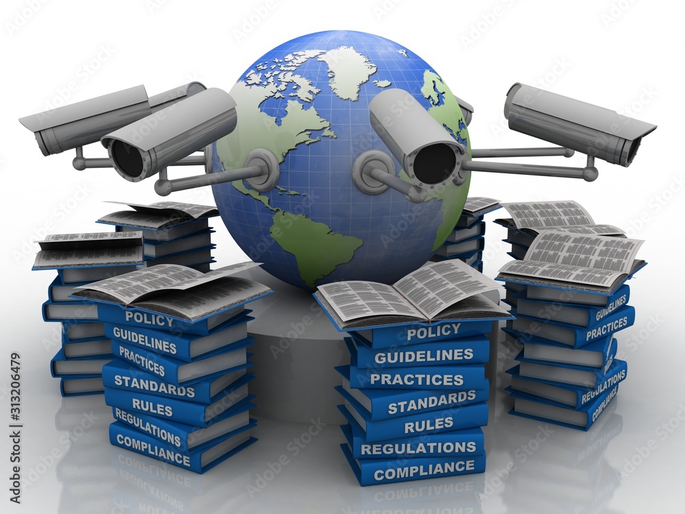 Poster 3d rendering surveillance cctv security camera connected globe with books
