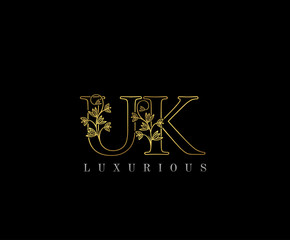 Golden U, K and UK Letter Classy Floral Logo Icon,  Elegant Design.