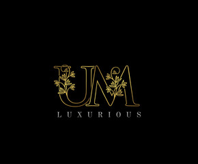 Golden U, M and UM Letter Classy Floral Logo Icon,  Elegant Design.