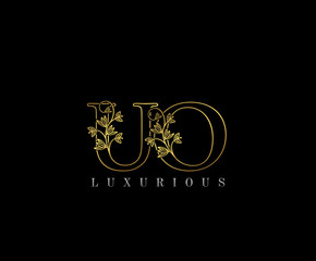 Golden U, O and UO Letter Classy Floral Logo Icon,  Elegant Design.