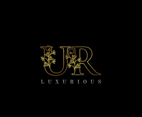 Golden U, R and UR Letter Classy Floral Logo Icon,  Elegant Design.