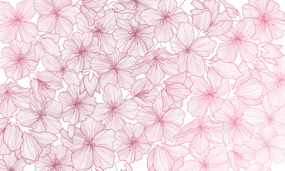 Vector horizontal background with line art sakura flowers. Hand drawn illustration of romantic sakura cherry blossom flower. Pink gold outline backdrop with cherry flower.