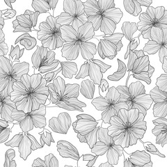 Sakura flowers line art vector seamless pattern on white background. Spring repeated background with japanese cherry flowers in outline. Romantic spring background. Best for textile, print or web.