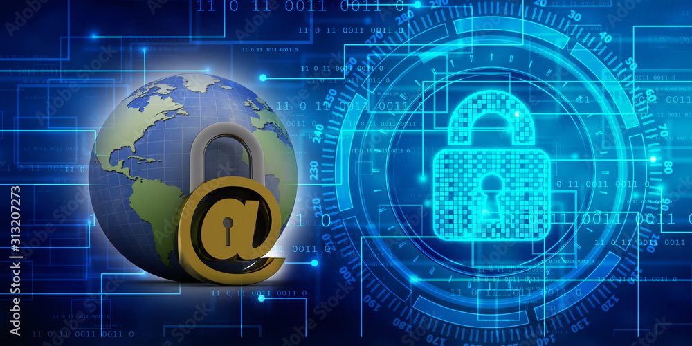 Poster 3d rendering e-mail symbol with lock. internet security concept