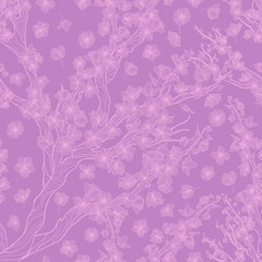 Sakura branch with flowers line art vector seamless pattern on violet background. Spring repeated background with japanese cherry branch and flowers in outline. Romantic spring background.