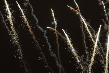 Fireworks on New Year's Eve on a city sky. Celebration of New Year 2020 in VDNkH in night. Holidays and lifestyles concepts.