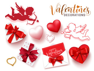 Valentines decorations vector set. Valentine day decoration of cupid, gifts, letter, and hearts element for valentine collection isolated in white background. Vector illustration.