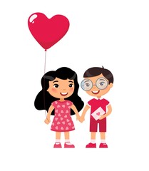 Little boyfriend and girlfriend celebrating Valentines Day flat vector illustrations. Young love. February 14 date isolated design element. Cute boy and girl holding hands characters on white