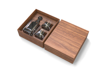 Whiskey decanter bottle and glass Gift Box for branding and mock up. 3d render illustration.