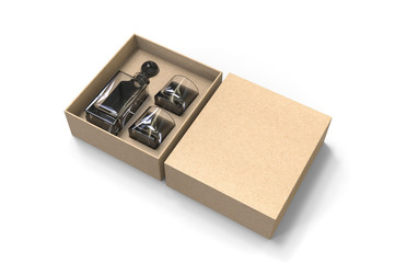 Whiskey decanter bottle and glass Gift Box for branding and mock up. 3d render illustration.