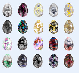 Easter Colored Textured Eggs Clip Art. Big Isolated Elements Set. Unusual Design Easter Eggs. Watercolor, Paint, Glitter Texture.  Flowers, Palm Leaves Pattern. Black and White, Multicolored