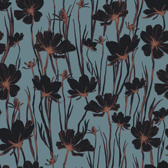 Seamless floral pattern, wildflowers, poppy, ranunculus. Graceful vintage ink painting. Design for wallpaper, fabric, textile, packaging, wedding design.