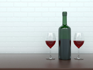 Wine bottle with glasses filled with red wine