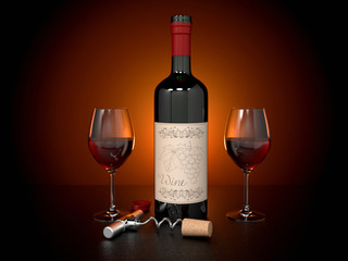 Wine set. Bottle of red wine with glasses and cork opener. Romantic dinner