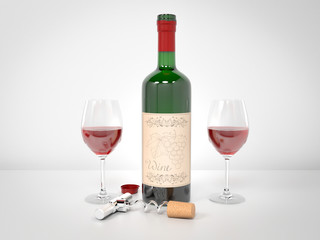 Wine set. Bottle of red wine with glasses and cork opener