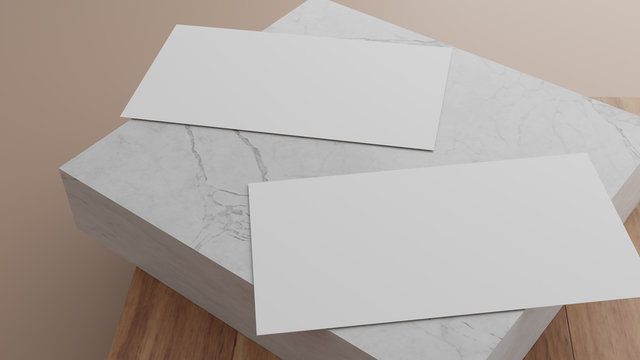 Two blank white business cards template mockup on white marble and wooden block. Neutral color background. 3d rendering