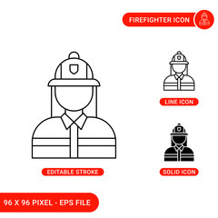 Firefighter icons set vector illustration with solid icon line style. Safety fireman concept. Editable stroke icon on isolated background for web design, infographic and UI mobile app.
