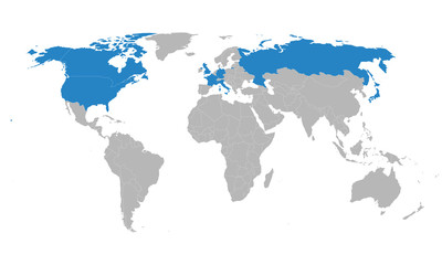 G8 member countries geographical map highlighted blue on world map. Perfect for background, backdrop, chart, business concepts, label, sticker, poster, banner and wallpapers.