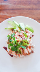 Chicken Rice in plate on wood table