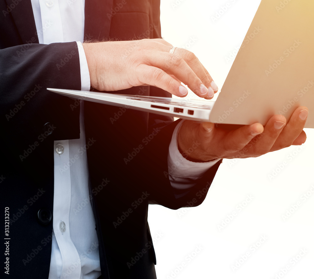 Poster white isolate on background copy space texture.businessman manager staff is watching on the computer
