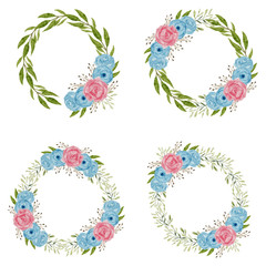 watercolor rose flower wreath illustration in blue and pink color