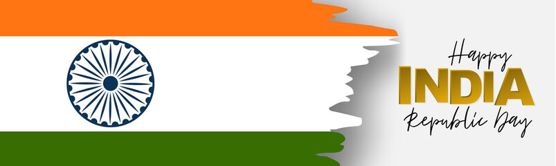 India Republic Day background. Website header or banner template. National Indian holiday design concept with grunge torn edges flag and golden lettering. Vector illustration.