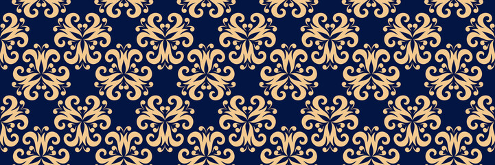 Floral seamless pattern. Golden flowers on dark blue background